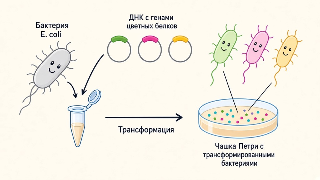 BioArtBox Схема трансформации: бактерия E. coli, плазмиды и чашка Петри